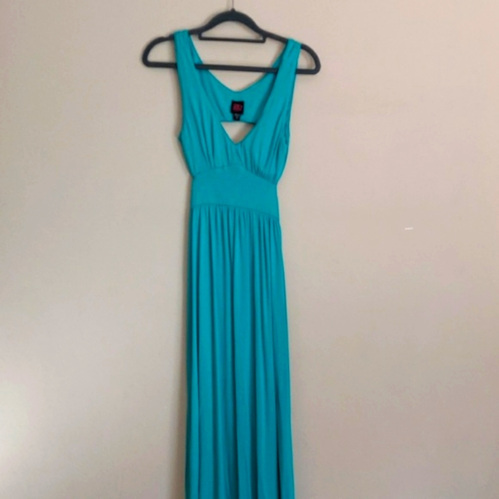2B BEBE teal green open back maxi dress sz XS